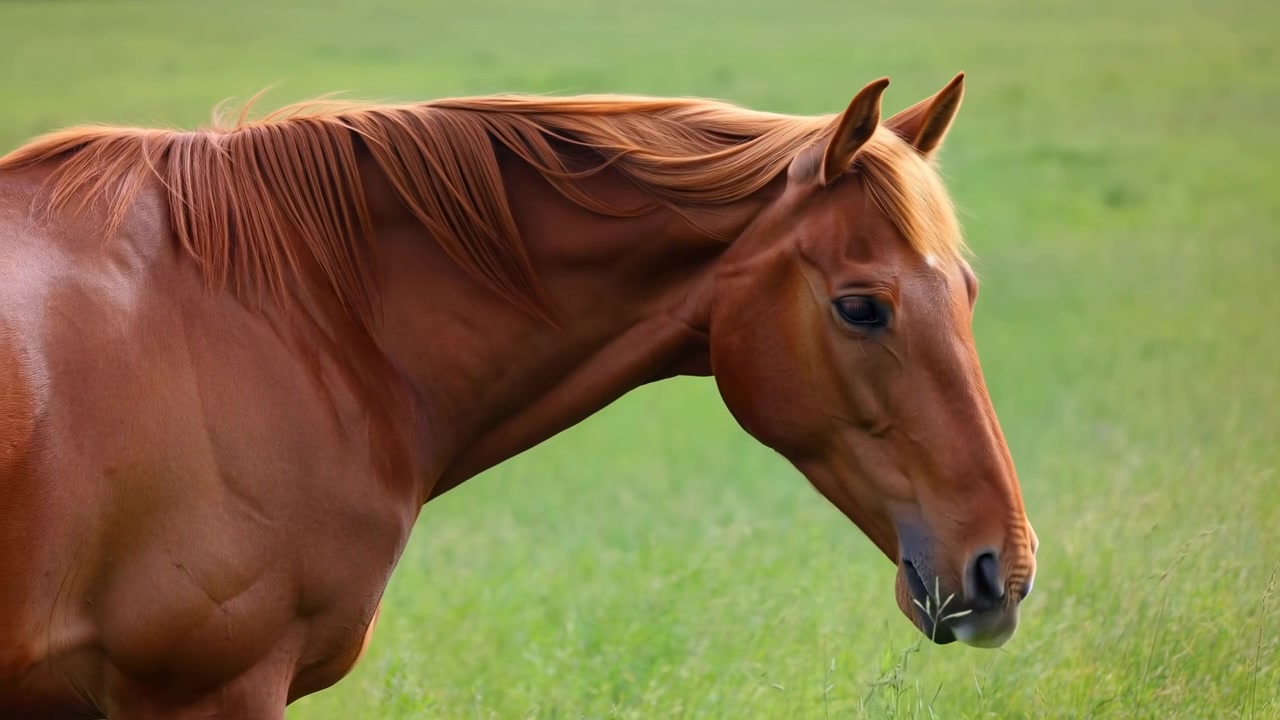 Una vista laterale ravvicinata segue un cavallo castano in un campo erboso mentre la sua testa abbassata si alza gradualmente, con la criniera che poggia lungo il collo e un prato verde delicatamente sfocato che riempie lo sfondo.