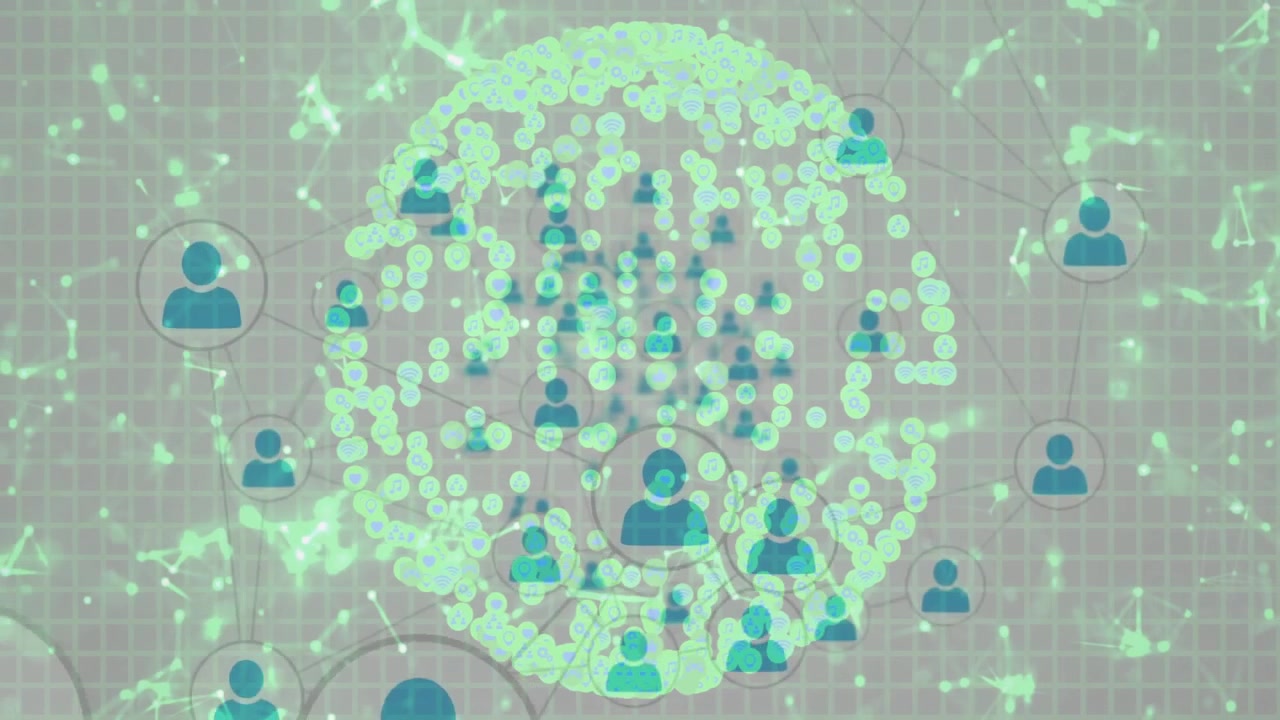 Green nodes clustering on grid open forming circle as avatar icons linking mapping network