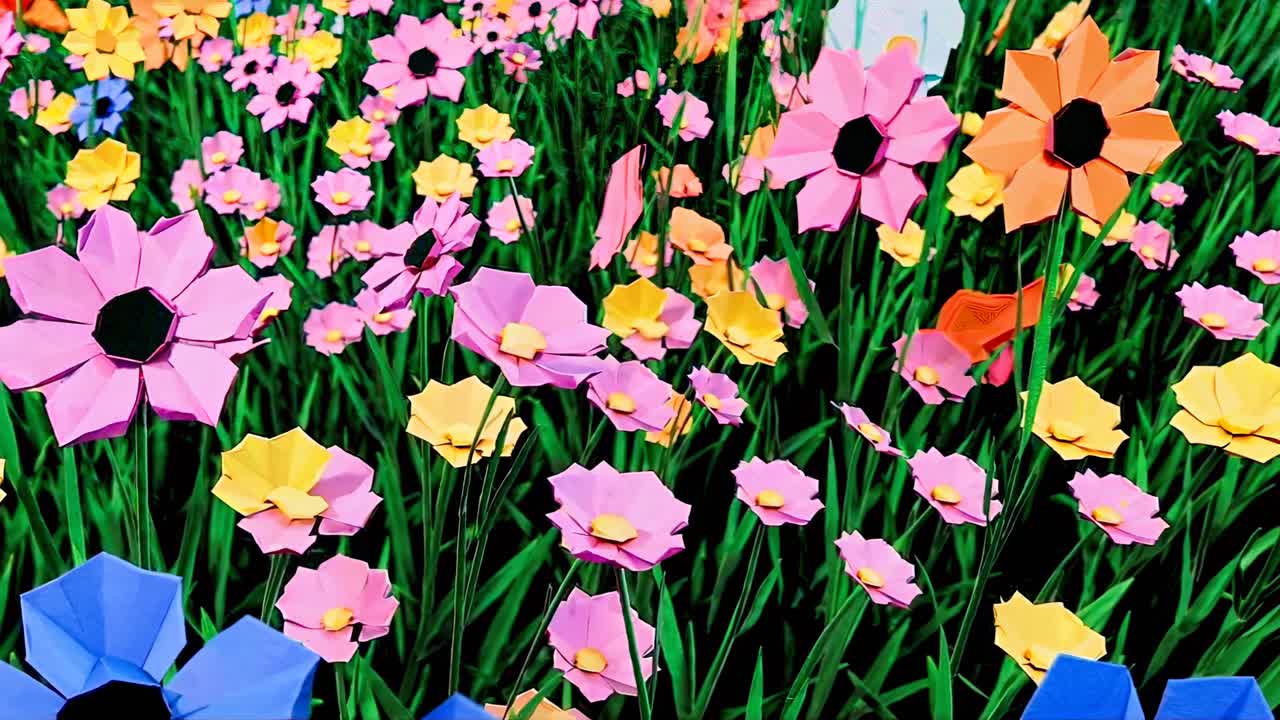 Vibrant video still of colorful origami flowers in a field, captured from a low angle