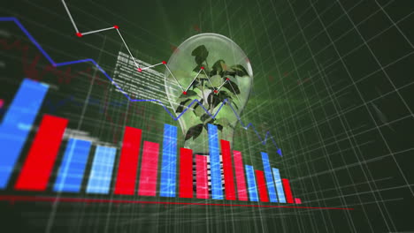 graph and bar chart animation over robot inside light bulb on green grid