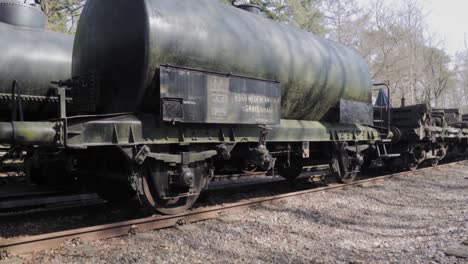 vintage train cars in a forest setting