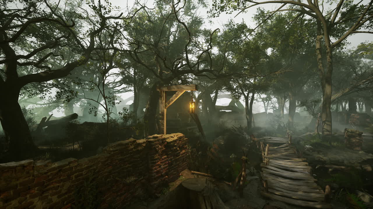 un camino místico a través de un bosque de niebla