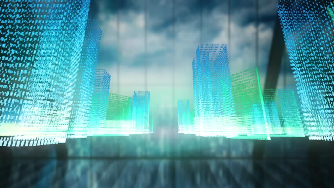 도시 풍경 위의 디지털 도시의 애니메이션