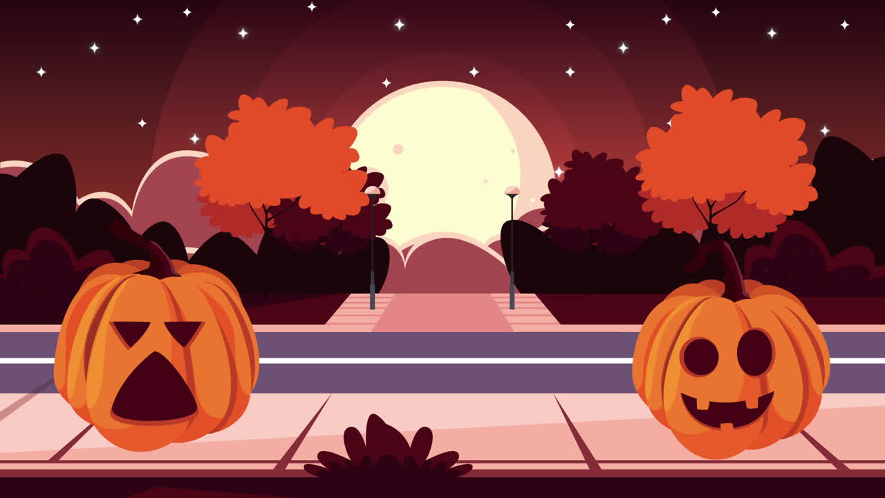 feliz animación de halloween con calabazas en la calle