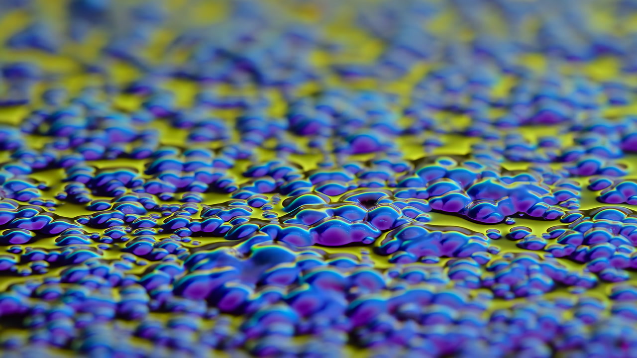 Abstract Macro Shot of Colorful Fluid Droplets Spreading and Merging