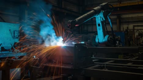 automated welding process in action: capturing the dynamic integration of robotics and metalwork with fiery sparks and intense energy in a manufacturing environment