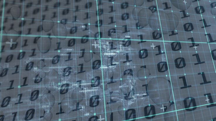 Animation of data with grid pattern moving over binary codes on digital interface