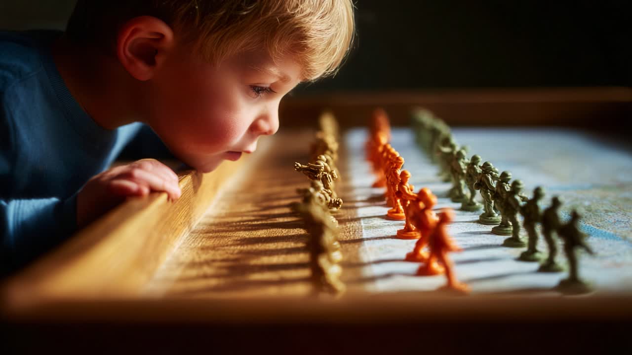 A Young Child Intently Observing a Collection of Toy Soldiers in a Playful Setup, Reflecting Imagination and Curiosity in a Warm, Inviting Environment