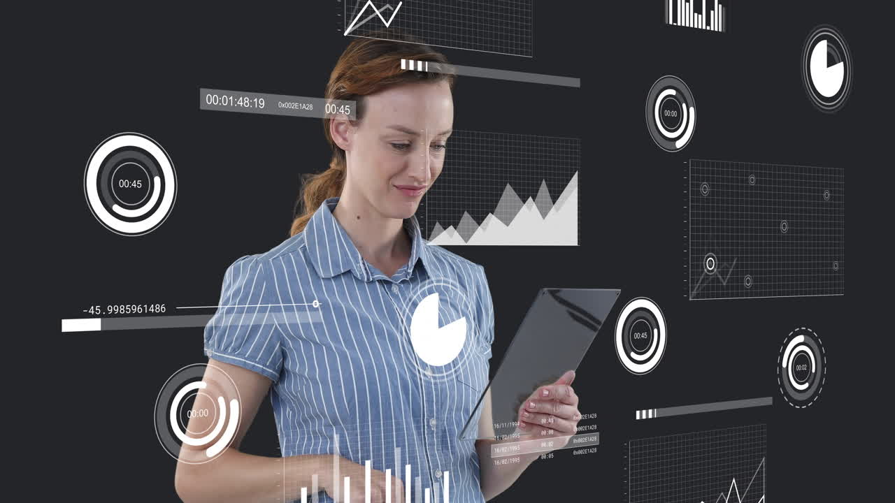 Woman interacting with tablet in studio, showing floating technology data charts and timers