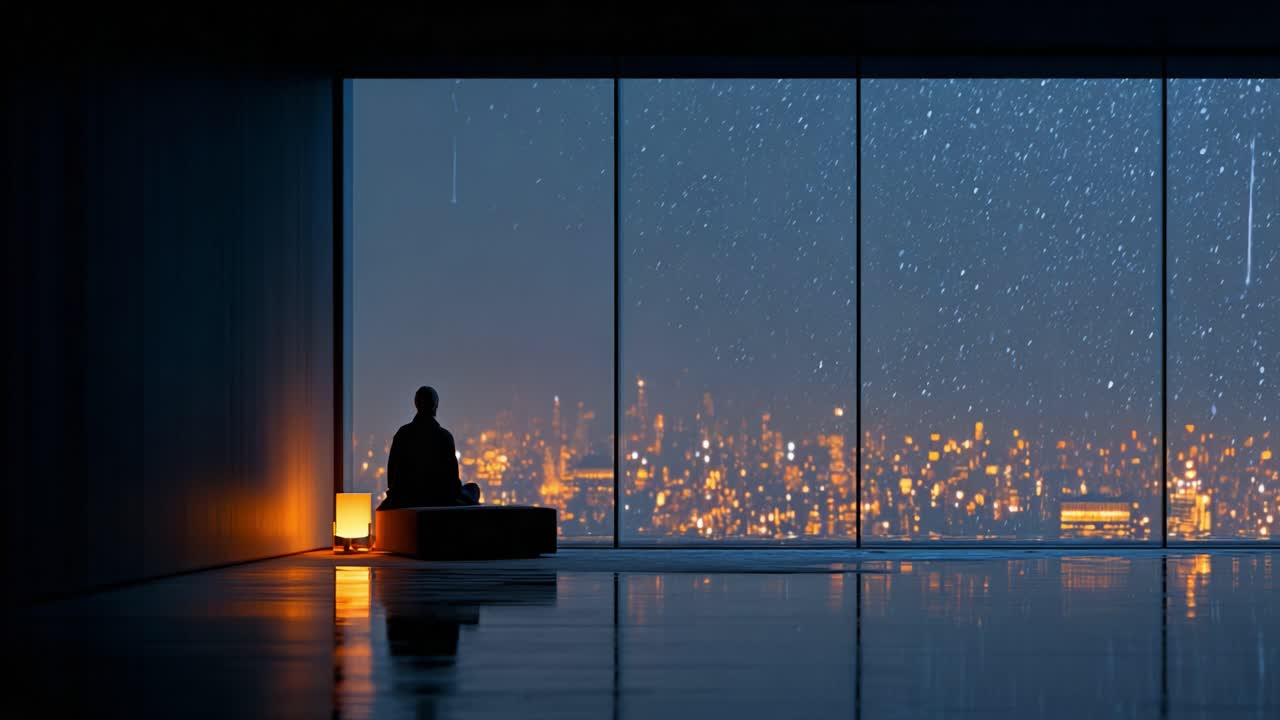 A Serene Moment of Solitude: Contemplation and Reflection Amidst a Rainy Cityscape View, Showcasing the Tranquility of a Room with Panoramic Windows Overlooking Urban Lights