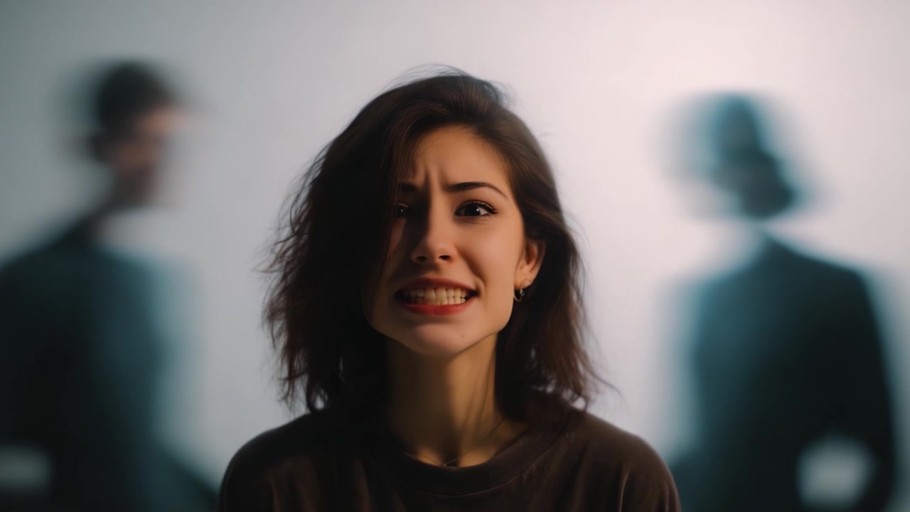 Die emotionale Reise einer Frau: Von freudigem Ausdruck zu Leid, festgehalten in zwei Bildern einer beeindruckenden Videosequenz, die inneren Konflikt und Unsicherheit zeigt
