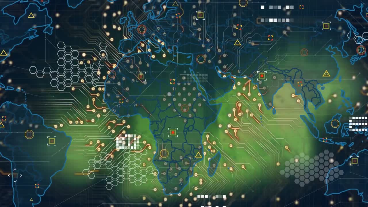 animación del mapa sobre el hexágono, patrón de cuadrados contra el patrón de la placa de circuitos en un fondo abstracto.