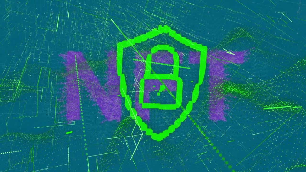 animación del icono del candado sobre texto nft y formas sobre fondo azul