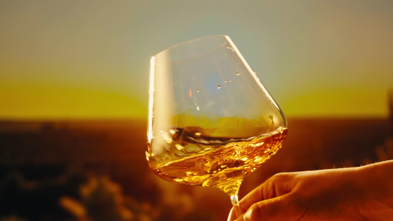 Orange or white wine bottle and glass against a sunset in a peaceful vineyard, pouring of ecological natural wine.