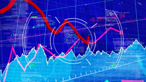 animation of scope scanning over financial and stock market data processing against blue background