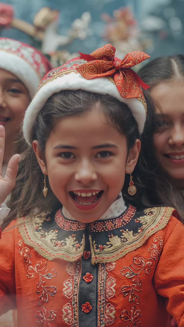 Vertical video: Waving center child mouthing hello on camera start, wearing red dress, bow headband