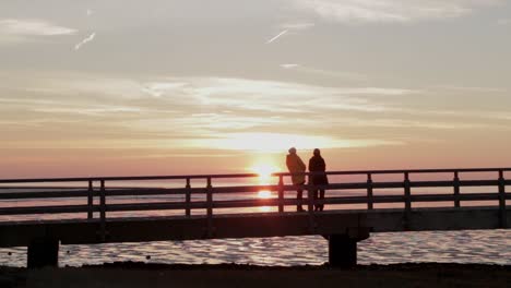 two women wath sunset on elevated bridge at the north sea while low tide