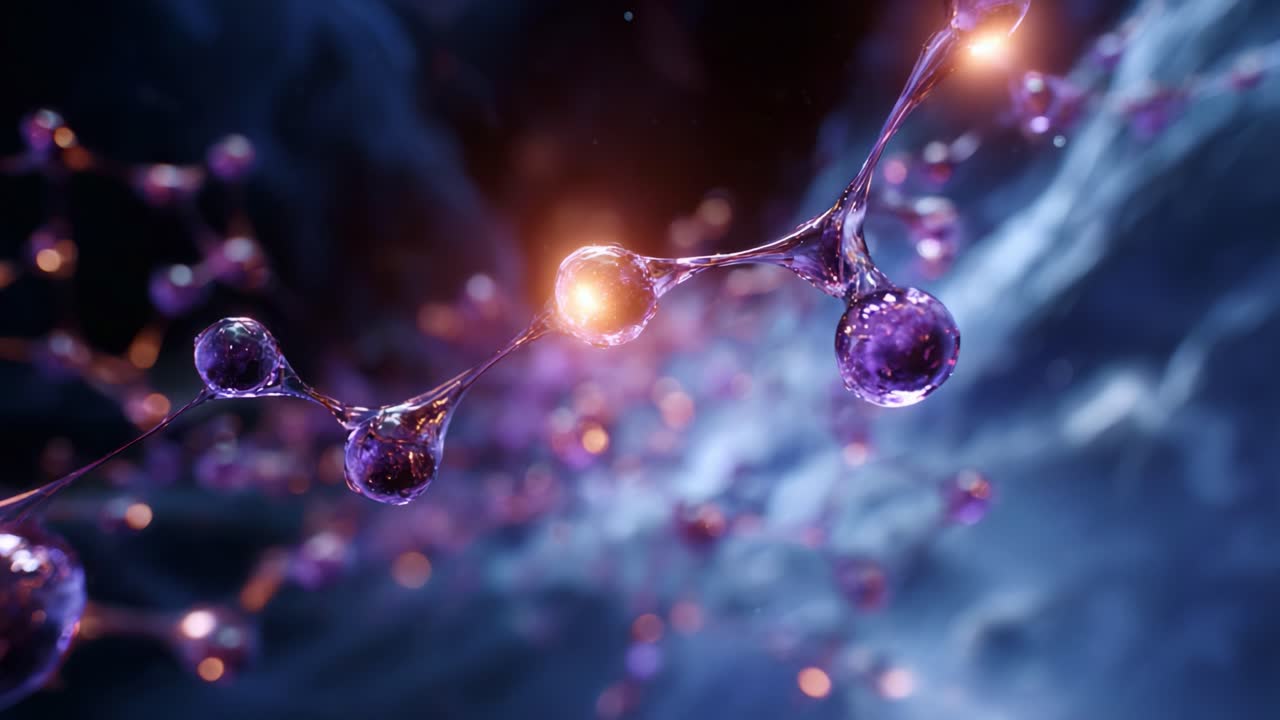 Splendida vista macro di una vivace catena molecolare con elementi luminosi su sfondi dinamici blu e viola che mettono in risalto le strutture interconnesse