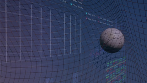 animation of graphs and trading board over soccer ball getting hitting the net