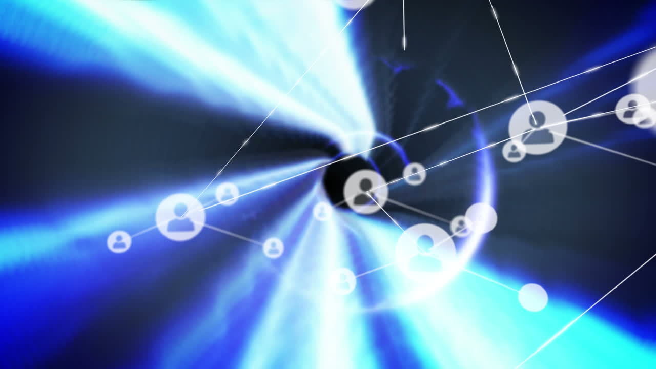 어두운 배경 위에 아이콘으로 연결 네트워크의 애니메이션