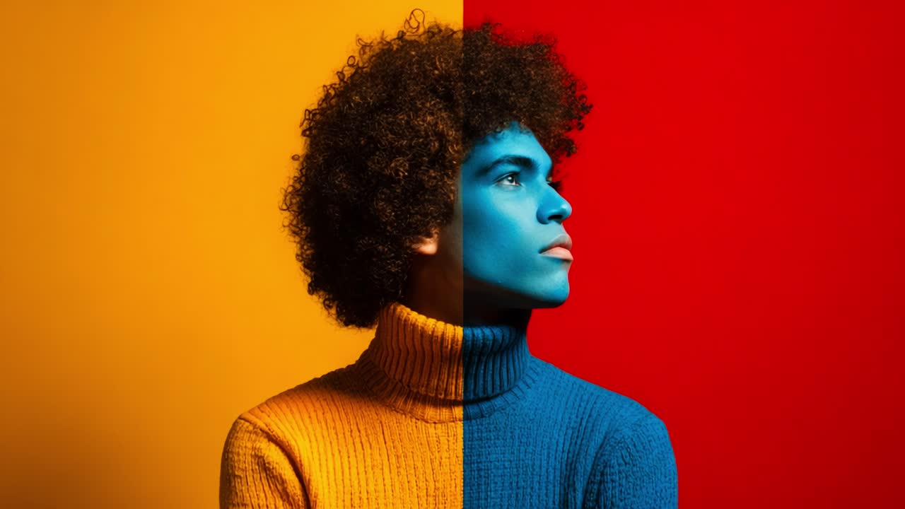 A Unique Artistic Portrait of a Young Individual with Colorful Split Background, Featuring a Combination of Yellow and Red on One Side and Striking Blue Face Alongside, Showcasing Modern Aesthetic and Creativity