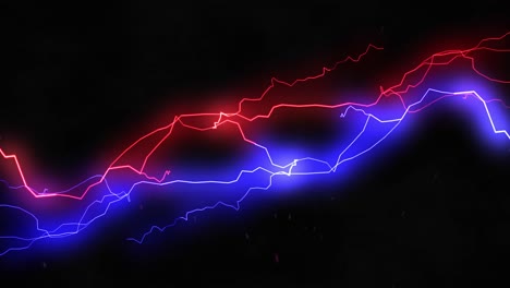 red and blue lightning bolts of electrical current moving wildly across black background