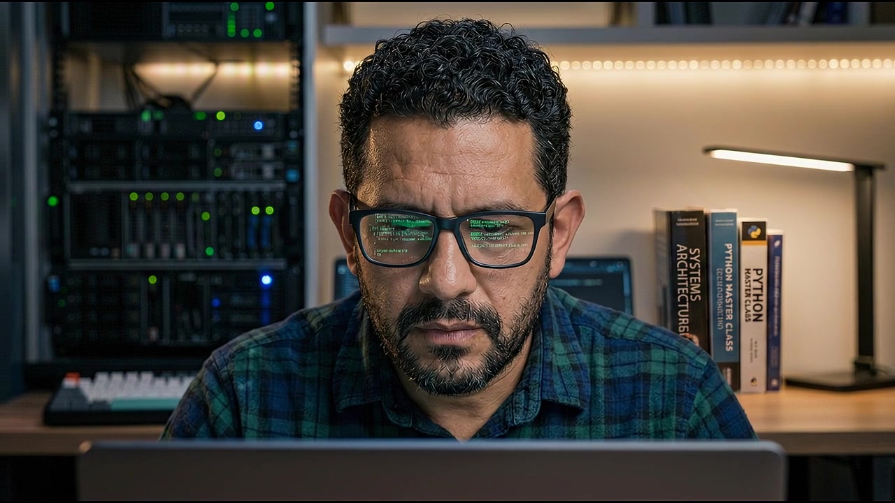 Serious Office Employee Concentrating on Computer Screen in Professional Workspace