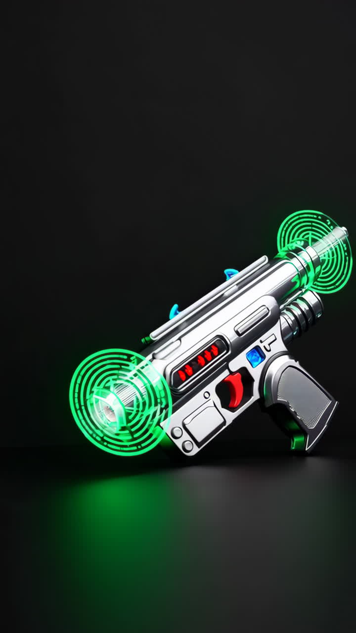 Futuristic Toy Laser Gun with Green Lights on Dark Background