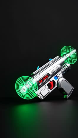 futuristic toy laser gun with green lights on dark background