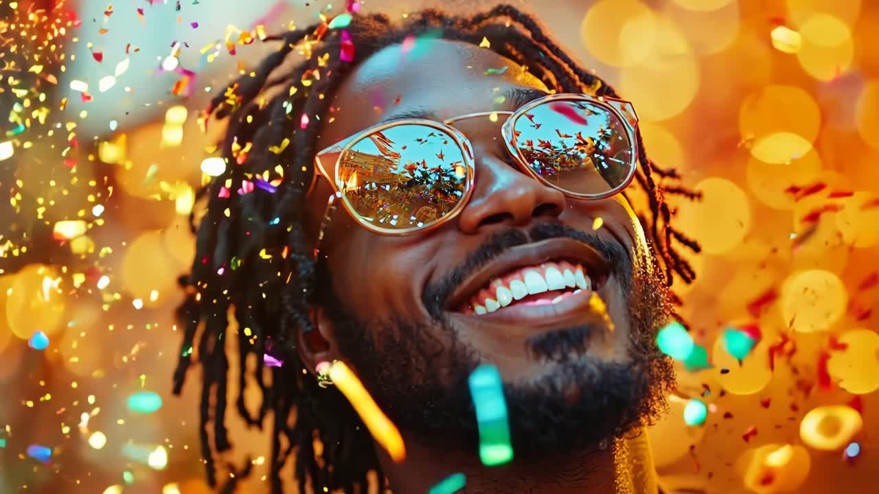 A man with dreadlocks and sunglasses is smiling. He is wearing a colorful shirt and a gold necklace