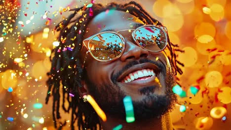 a man with dreadlocks and sunglasses is smiling. he is wearing a colorful shirt and a gold necklace
