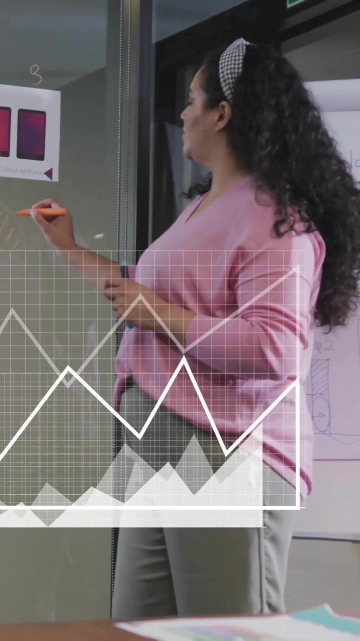 Animation of financial data processing over diverse business people in office