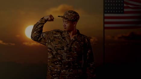 proud soldier in uniform at sunset