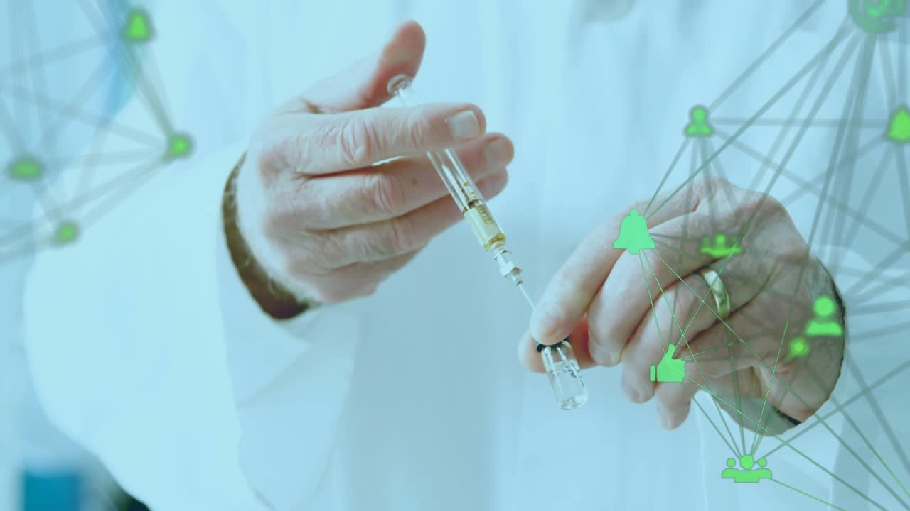 Lab scientist placing sample on balance, drawing, dispensing drops for assay, green net near hands