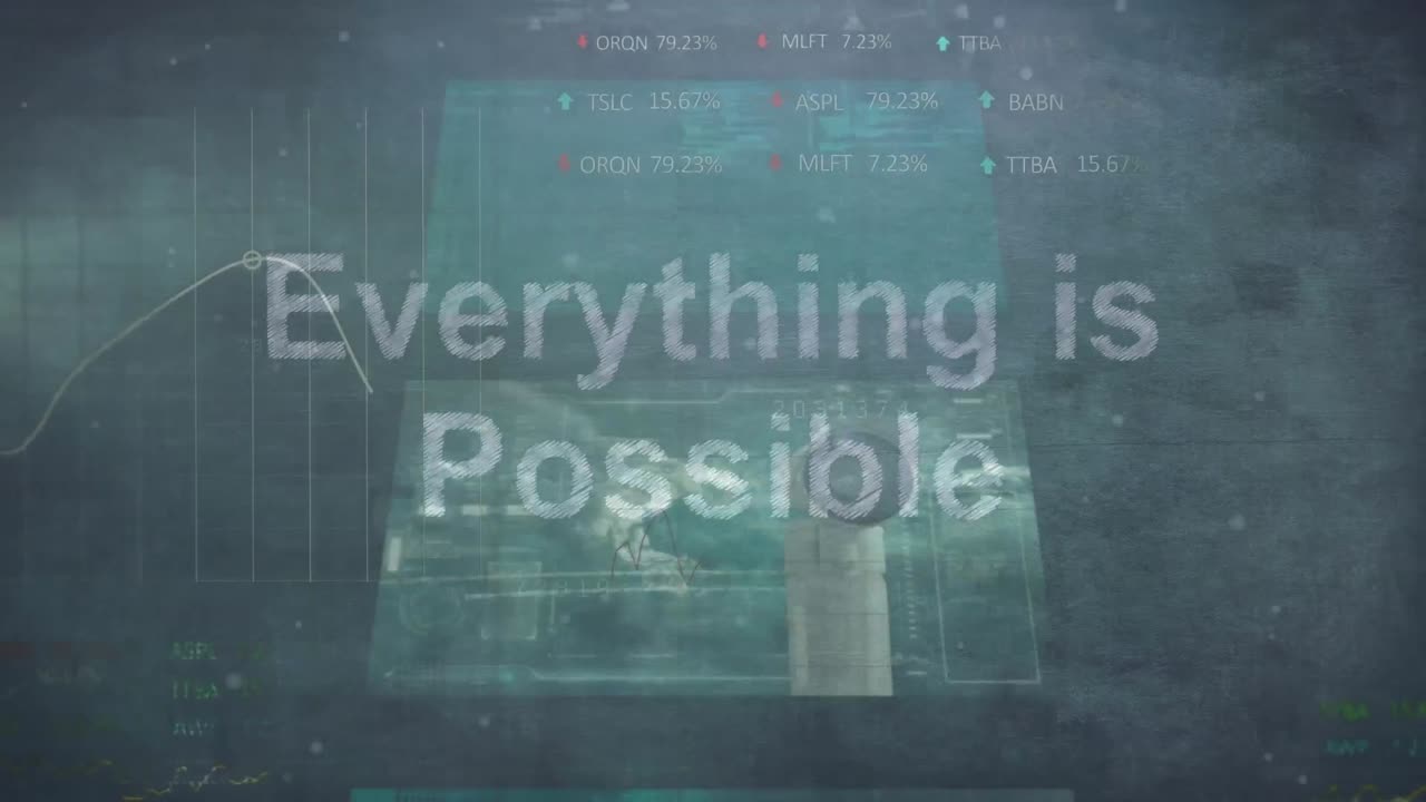 Animation of everything is possible text over screens with data processing against grey background