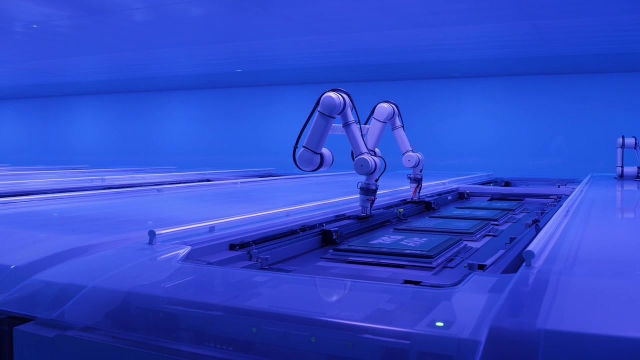 Advanced Robotic Arms Performing Tasks in a Blue-Lit Data Center