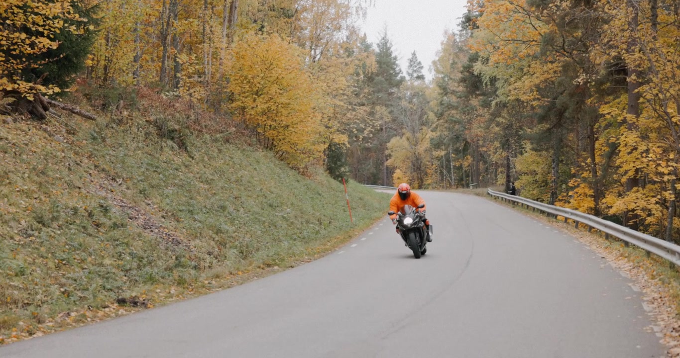 Un motociclista percorre le strade autunnali della Svezia, affrontando curve strette e piegando molto, circondato da un vibrante fogliame autunnale e strade panoramiche tortuose