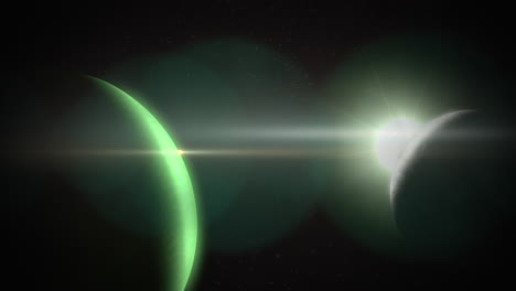 texto de día espacial con planeta enigmático iluminado por una luz brillante