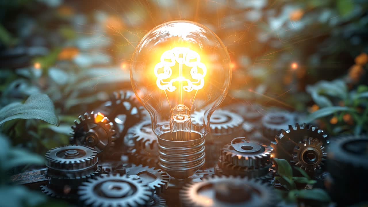A light bulb is surrounded by gears and leaves. The light bulb is glowing and the gears are metallic. Concept of technology and nature coming together
