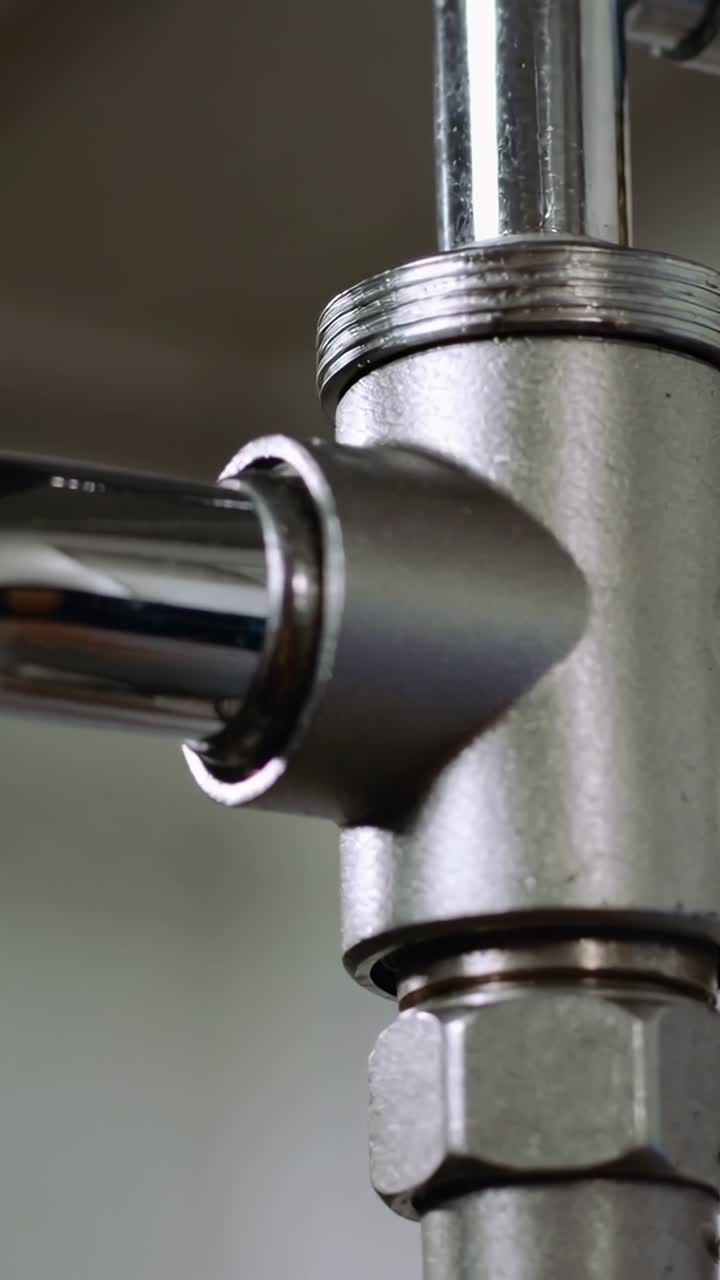 Vertical video: Camera shifting right and upward over sink junction, revealing T-valve and collar