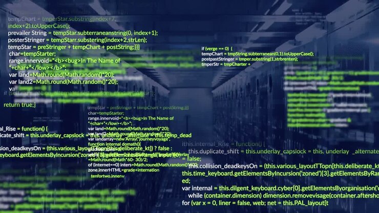 Animation of data processing and binary coding against computer server room