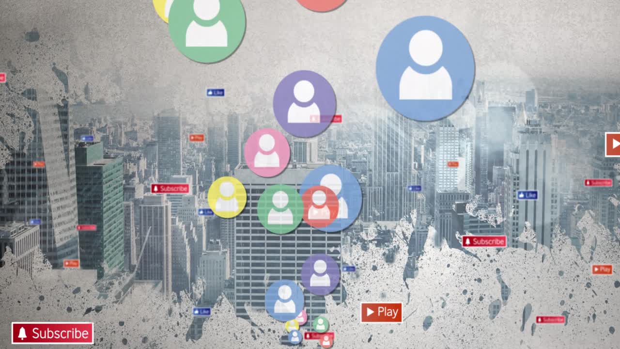 도시 풍경 위에 떨어지는 소셜 미디어 아이콘과 이모티콘의 애니메이션