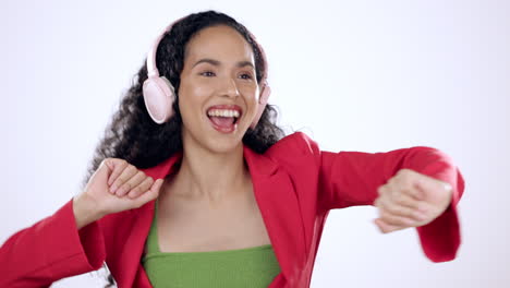 Dance,-headphones-and-happy-woman-in-studio