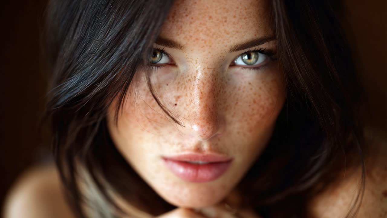 Un ritratto intimo che cattura gli occhi seducenti e la bellezza efelidica di una giovane donna, invitando alla riflessione e alla connessione attraverso i suoi dettagli e la sua espressione straordinari