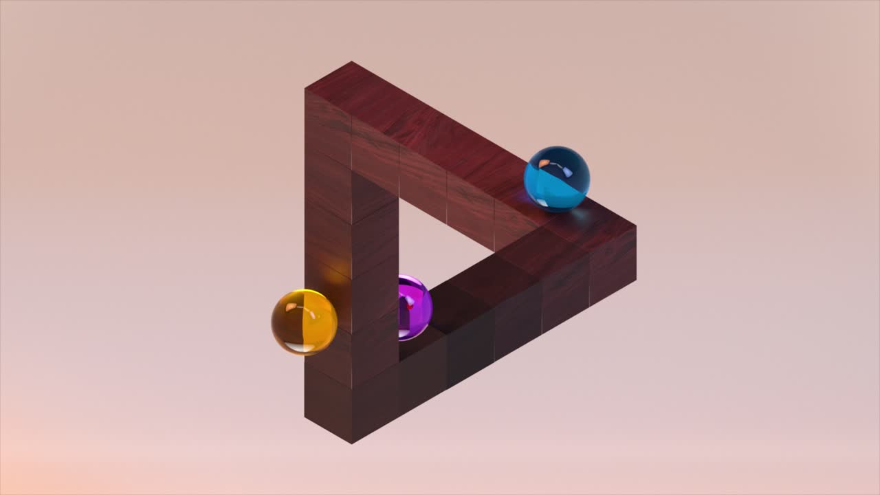 ilusión de triángulo de madera 3d con bolas de vidrio