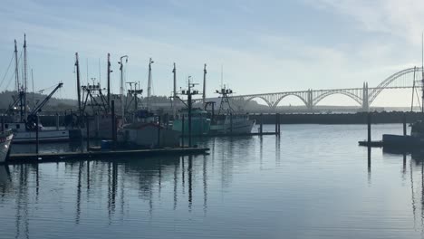 fishing boats anchored at the port at yaquina bay with arch bridge in the distance in newport, oregon