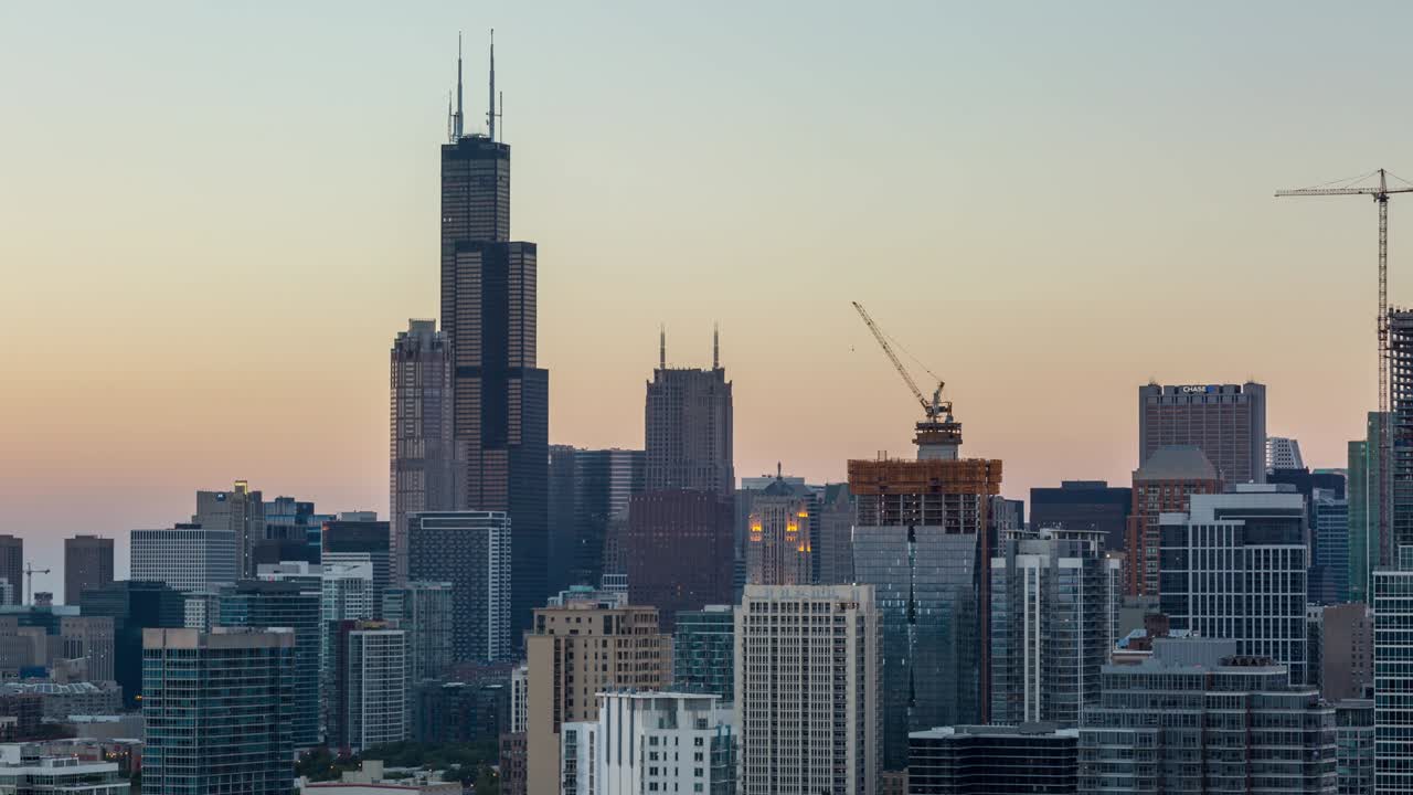 chicago willis tower y el horizonte de la ciudad de día a noche sunset timelapse