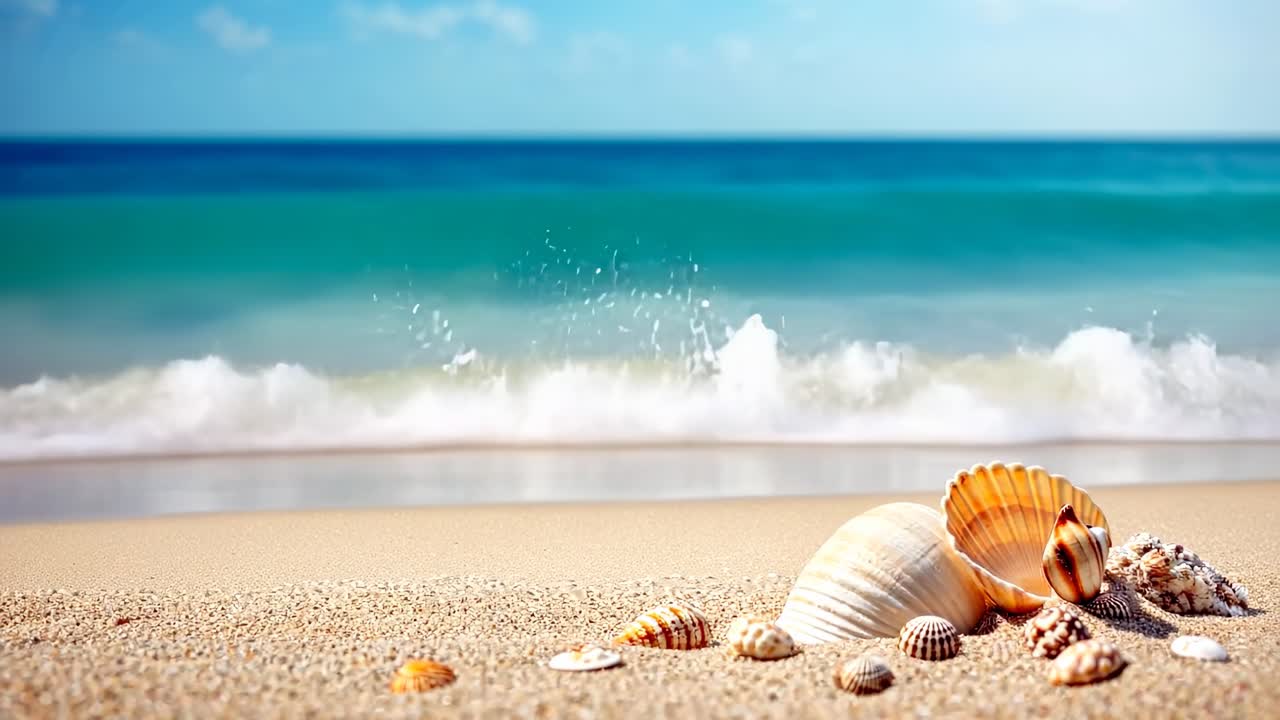 A serene beach scene with seashells in the foreground, captured from a low angle