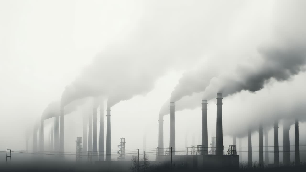 A wide-angle shot of industrial chimneys emitting smoke, creating a foggy atmosphere