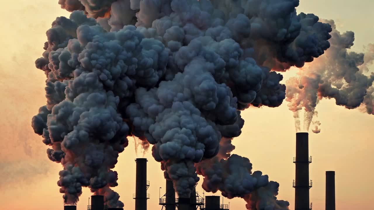 Video girato dal basso verso l’alto di ciminiere industriali che rilasciano fumo, che evidenzia l'inquinamento ambientale